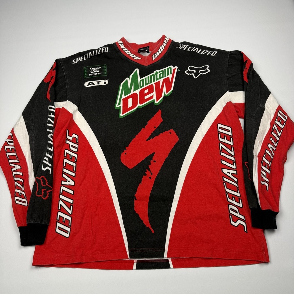 Vintage Fox Racing Shirt Mens Large Black Red Long Sleeve Mountain Dew Jersey